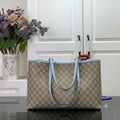 Blue Handles Leather Tote Bag