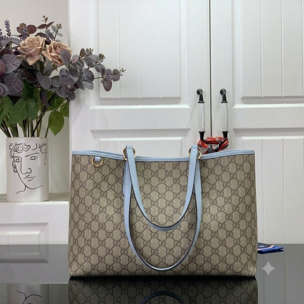 Blue Handles Leather Tote Bag